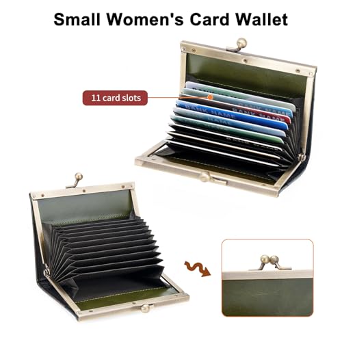 Image of GOIACII Credit Card Holder Vintage Wallet for Women Genuine Leather Ladies Card Cases with Kiss Lock Small Green