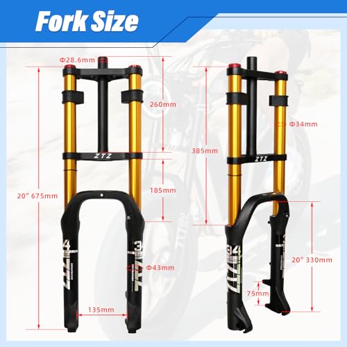 Suspensión de horquilla de aire para bicicleta de neumáticos gordos 20 pulgadas 4.0 - Viaje 180mm, espacio de núcleo 135mm, tubo recto MTB manual bloqueo QR 9mm, horquillas delanteras dobles para bicicleta de nieve playa E-Bike miniatura 2