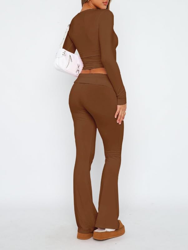 Casual Women's Two Piece Outfit Basic Long Sleeve Crop Top with Low Rise Flare Pants Set Lounge 2 Piece Yoga Tracksuit