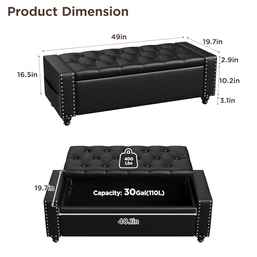 Maupvit Storage Ottoman Bench, 49 Inch Bedroom Bench, Upholstered Ottoman with Storage, Entryway Bench with Tufted Button, Faux Leather Window Bench for Bedroom, Living Room, Entryway, Hallway, Black