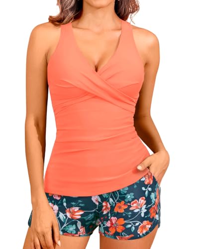 Image of Women Tankini Swimsuits with Shorts - Two Piece Tummy Control Bathing Suits Top with Two Pockets Bottom Swimwear
