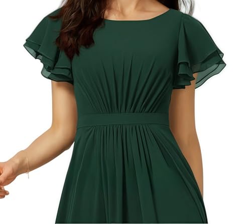 Women's Crewneck Bridesmaid Dresses Short Sleeve Floor Length A-Line Pleated Chiffon Evening Dress3