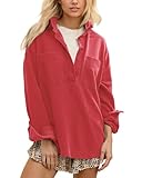 Locachy Women's Casual Oversized Polo Neck Sweatshirt Lapel Long Sleeve Button Pullover Tops Fashion Outfits Clothes Red M