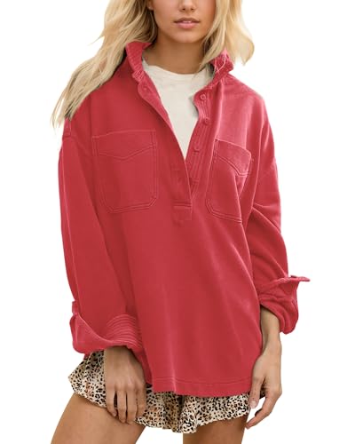 Locachy Women's Casual Oversized Polo Neck Sweatshirt Lapel Long Sleeve Button Pullover Tops Fashion Outfits Clothes Red M