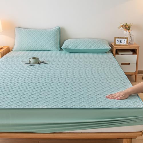 Protector de colchón de lujo doble ajustable de 200 x 220 + 30 cm, funda de calidad de hotel con bolsillo extra profundo, antialérgico y transpirable, color verde claro