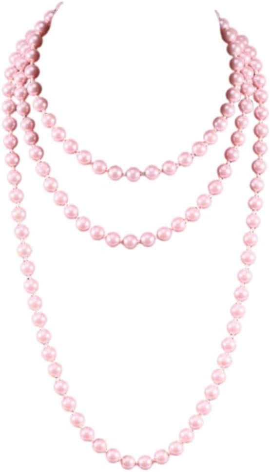 1920S Long Vintage 8MM Faux Pearl Strand Necklace Elegant Long Chain Layered Retro Imitation Round Beaded Ball for Women Party Halloween Jewelry Mother's Day Gift