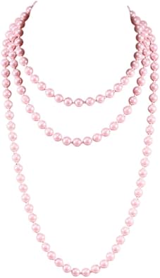 1920S Long Vintage 8MM Faux Pearl Strand Necklace Elegant Long Chain Layered Retro Imitation Round Beaded Ball for Women Party Halloween Jewelry Mothers Day Gift