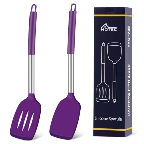 HOTEC Silicone Spatula Set of 2 Heat-Resistant 600°F & BPA-Free Kitchen SaptulaTurner with Stainless Steel Handles, Slotted & Solid Spatulas for Nonstick Cookware, 13.7 Inch, Purple