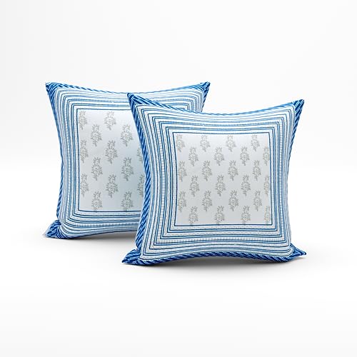 Image of BLOCKS OF INDIA 200Tc Diwan Set Cotton 8 Piece | Deewan Printed Bedsheet Sets For Living Room Hall (Set Of 8 Piece, 1-Bed Sheet | 2-Bolster Cover | 5-Cushion Cover (Color 22, White, Blue)