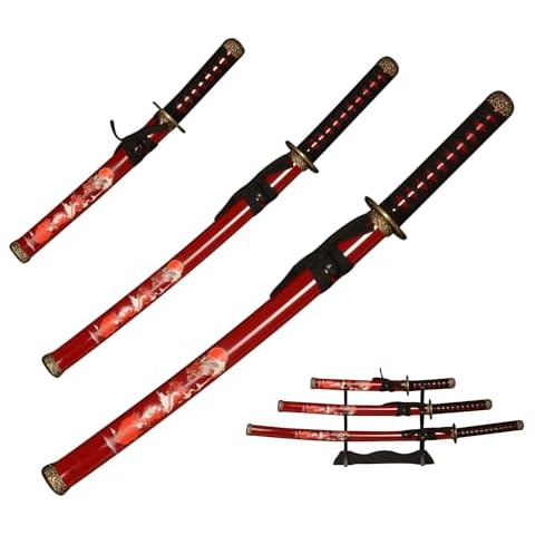 IUWEN Handmade Katana Sword,Samurai Sword Set, 3 Piece Handmade Knives, Hand Forged, red Plastic Sheath Printed fire Dragon Pattern，with a Three-Layer Sword Rack Cover