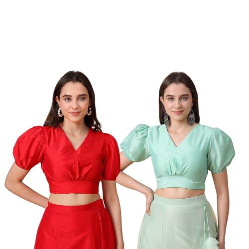 Image of Frolic Rolic Premium Silk V-Neck Blouse Readymade Saree Blouse - Designer Puff Sleeve Blouse for Wedding