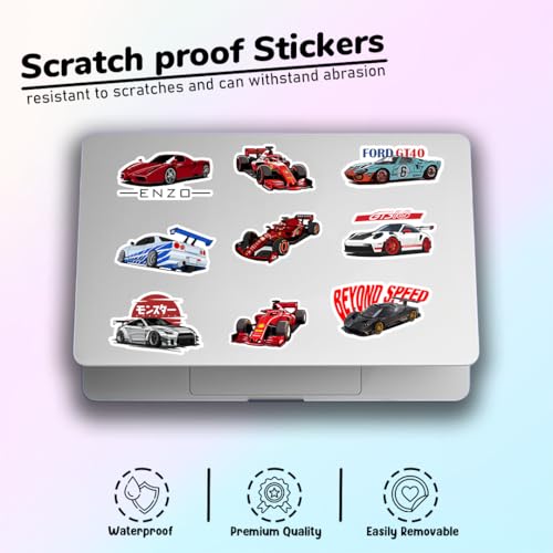 Image of Car Stickers Pack of 43 - Waterproof Vinyl Decals for Laptop, Water Bottle, Helmet & Skateboard | JDM Muscle Car Supercar F1 Racing Sticker Set | Scratch Proof Heavy Duty Decals for Boys & Teens