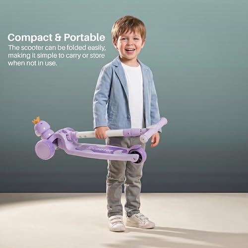 Image of Baybee Dino Crown Kick Scooter for Kids | 3 Wheel Kick Scooter with RGB LED Wheels & Music | 3 Height Adjustable Handle & Rear Brake | Foldable Scooter for Kids 3 to 8 Years Boys & Girls (Purple)
