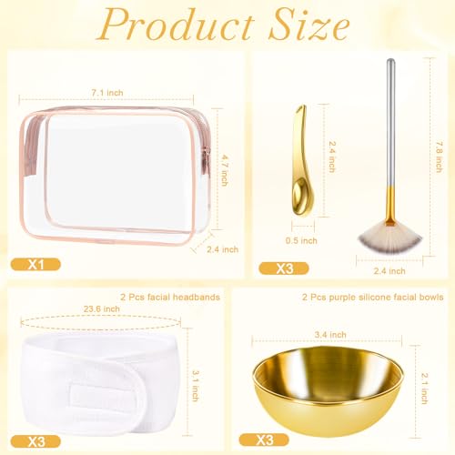 DLUGOPIS 13 Pcs Esthetician Supplies 3 Gold Bowls Stainless Steel 3 Gold Skincare Spatula Metal 3 Facial Fan Brushes 3 White Facial Headbands Esthetician Clear Cosmetic Bag with Zipper for Women Facials