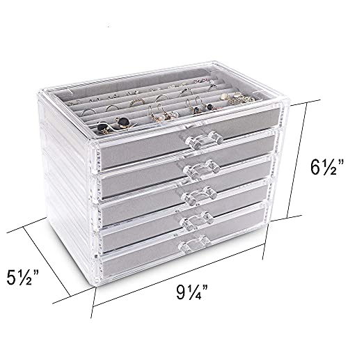 Frebeauty Extra Large Acrylic Jewelry Box For Women 5 Layers Clear Jewelry Organizer Velvet Earring Box With 5 Drawers Rings Display Case Necklaces Holder Tray For Women Girls (Grey) #TOP4