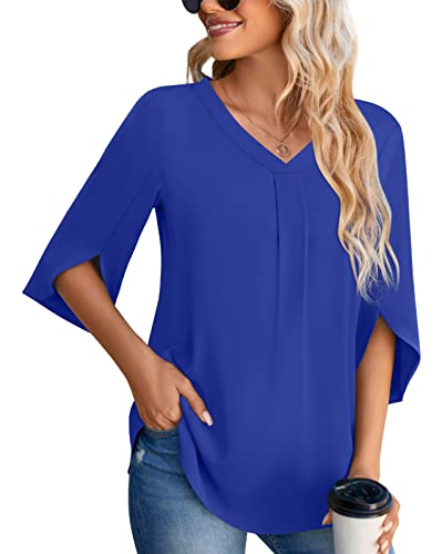 Aodemo Women's 2023 Summer Chiffon Blouse 3/4 Sleeve V Neck Tunic Tops Office Work Shirt for Leggings, 3/4 Sleeve-royal Blue, S