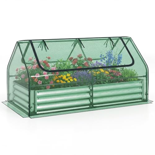 Image of TANGZON Raised Garden Bed with Greenhouse, Galvanised Steel Planter Box Kit with PVC/PE Cover & 2 Roll-Up Windows, Outdoor Vegetable Herb Flower Container Grow Box (Green PE Cover, 183 x 91 x 94cm)