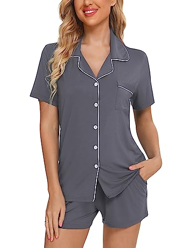 Image of Pjmlifecoco Women's Modal Pajama Set Short Sleeve Button Down Two Piece Soft Sleepwear with Shorts Loungewear S-XXL