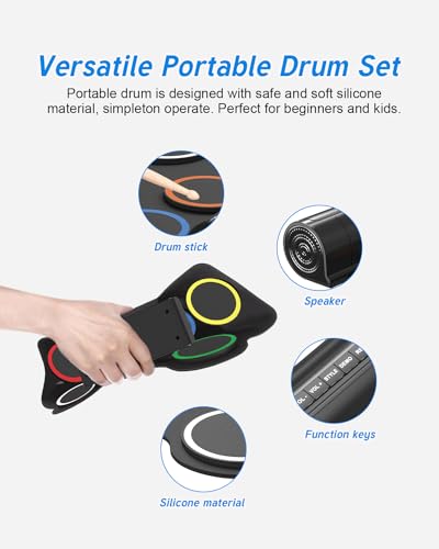 OYAYO 7 Pad Electronic Drum Set, Roll Up Drum Practice Pad Midi Drum Kit with Headphone Jack, Built-in Speakers Pedals Sticks 6 Hours Playtime, Rechargeable, Christmas Gift for Beginners - Thumbnail 6