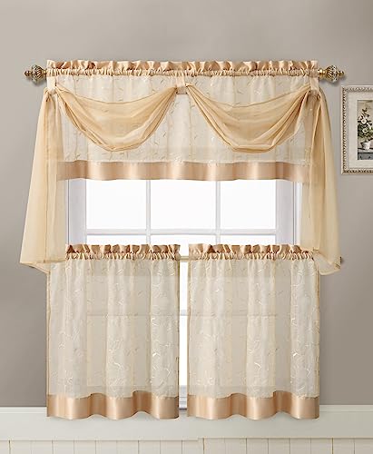 GoodGram Linen Leaf 4 Piece Embroidered Kitchen Curtain Set (Gold)