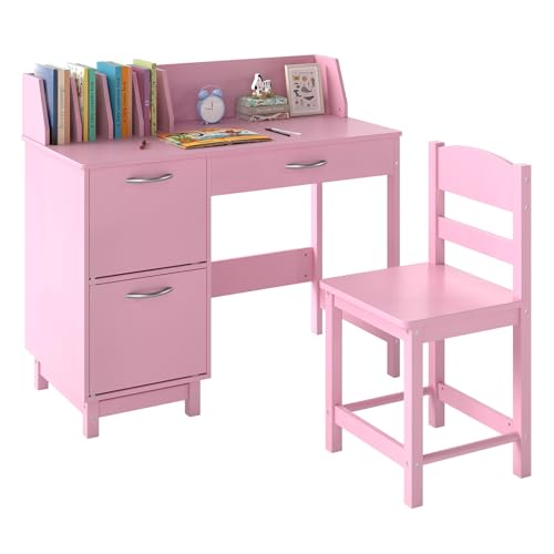 Costzon Kids Desk and Chair Set, Wooden Student Study Desk Set w/Hutch, Storage Drawer & Cabinets for 3-8 Years Old Child, Writing Computer Workstation for Bedroom School (Upgraded, Pink)