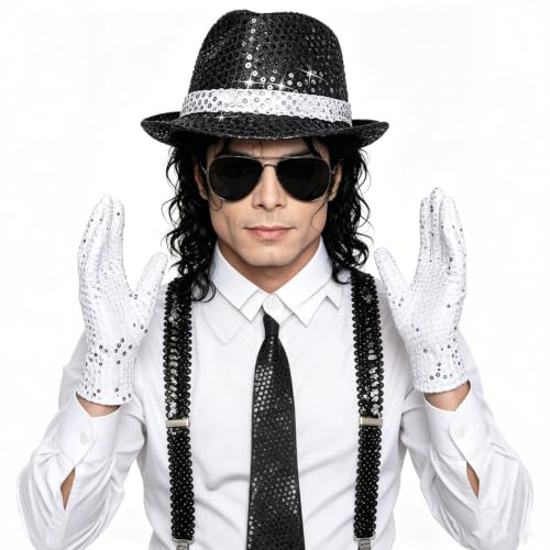 Probeauty 7PCS Pop Star Costume 70s 80s Disco Rock Super Star Dance Cosplay Accessories - Gloves Hat Sunglasses Tie Sequin Strap Performance Halloween Costume — view 3