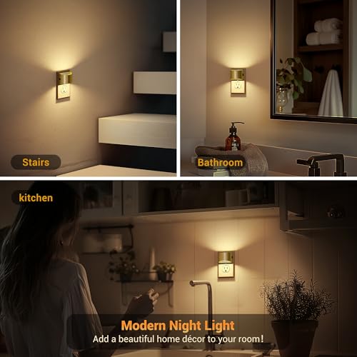 Image of JandCase LED Night Lights Plug into Wall, 2 Pack Gold Modern Night Lights, Dusk to Dawn Sensor Nightlight,0-100LM Brightness Adjustable, 3000K Soft White