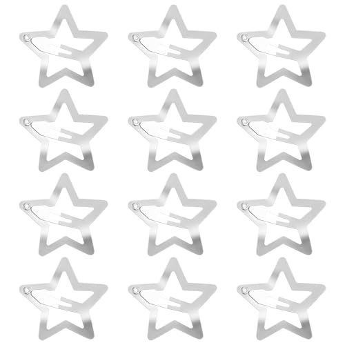 COMNICO 12 Pcs Star Clips Non-Slip Metal Snap Barrettes 2000s Y2K Accessories Shapes Pentagram Fashion Sparkling Hairpin Set Cool Personalized Style for Women and Girls (Silver)
