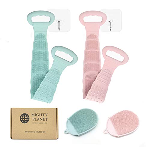 Silicone Back Scrubber for Shower, Silicone Bath Body Brush Set (long brush + facial scrubber) - Silicone Body Scrubber Exfoliate Loofah for shower, Updated Extra Long 31 inch for Women and Men