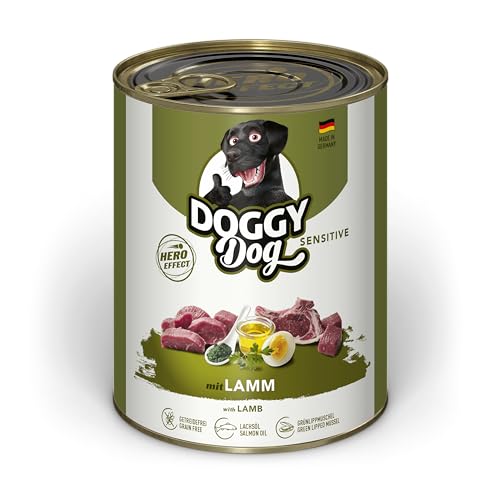 DOGGY Dog Paté Lamm Sensitive, 6 x 800 g, Nassfutter für Hunde, getreidefreies Hundefutter mit Lachsöl und Grünlippmuschel, besonders gut verträgliches Alleinfuttermittel, Made in Germany