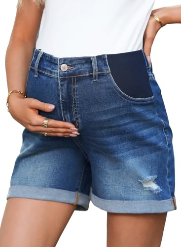 BLENCOT Maternity Jean Shorts for Women Under Belly Pregnancy Trendy Ripped Casual Summer Fold Hem Stretchy Shorts Denim Dusk Blue S