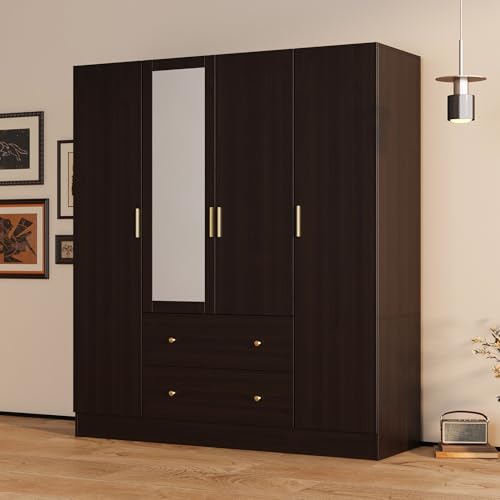 AGOTENI Large Bedroom Wardrobe Closet with 1 Mirror & 2 Drawers, 70.9" H Tall Armoire Clothes Closet with Doors and Shelves, Hanging Rod, Dark Brown