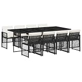 WRJENFSC 9-Piece Garden Dining Set, Outdoor Patio Furniture with 8 Foldable Chairs and Rectangular Table, Black Synthetic Rattan with Cream Cushions for Backyard, Terrace and Balcony