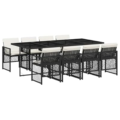 WRJENFSC 9-Piece Garden Dining Set, Outdoor Patio Furniture with 8 Foldable Chairs and Rectangular Table, Black Synthetic Rattan with Cream Cushions for Backyard, Terrace and Balcony