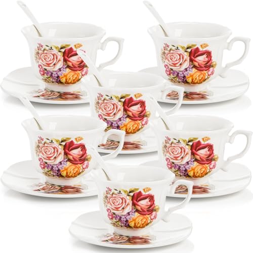 Pumtus Tea Cups and Saucers Set of 6, 8 OZ Vintage...