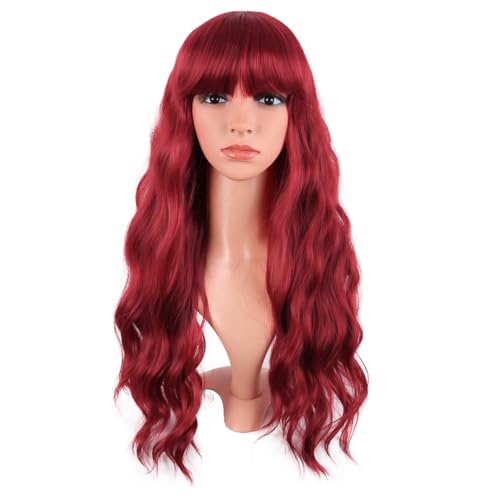 MapofBeauty 26 Inch/65 cm Long Wavy Flat Bangs Synthetic fiber Curly Party Cosplay Wig (Dark Red)