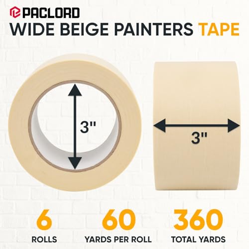 Image of 3 inch x 60 Yard Beige Paper Tape (Pack of 6) - Multi-Purpose Painter's Masking Tape for Home and Professional Use - for Painters, Construction, or DIY Crafts - Smooth and Easy Removal