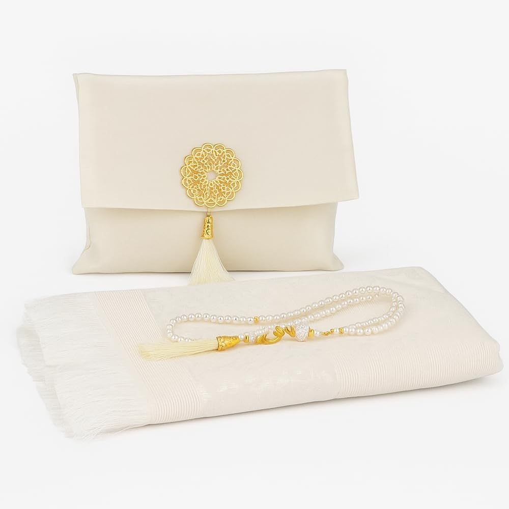 BABY SHOWER CHOCOLATE Muslim Prayer Mat and Tasbeeh Set with Portable Premium Shantung Bag - Soft Janamaz Sajada for Men & Women - Islamic Gift for Ramadan Eid Hajj