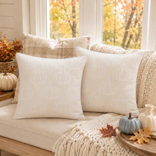 Image of Fall Pumpkin Throw Pillow Covers 22x22 Set of 2, Reversible Jacquard Chenille Cushion Cases Pumpkin Front Plaid Back, Cozy Farmhouse Autumn Decor for Living Room Sofa Couch Bed(Beige,22x22)