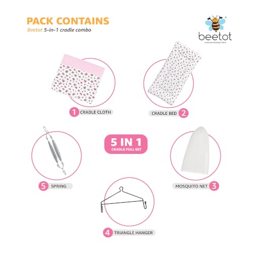 Image of Premium Cradle Set | Cradle Cloth, Padded Bed, Mosquito Net, Heavy-Duty Spring & Triangle Hanger | Hanging Set - Emily Pink