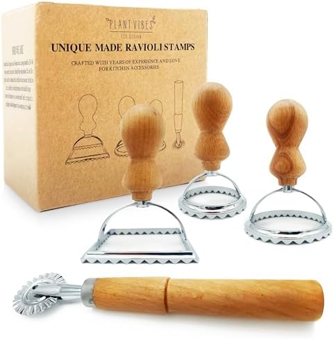 Plantvibes Set di 4 tagliapasta per ravioli, 3 splendidi stampi per ravioli con manico in legno, timbri per ravioli e taglierina per ravioli (4)