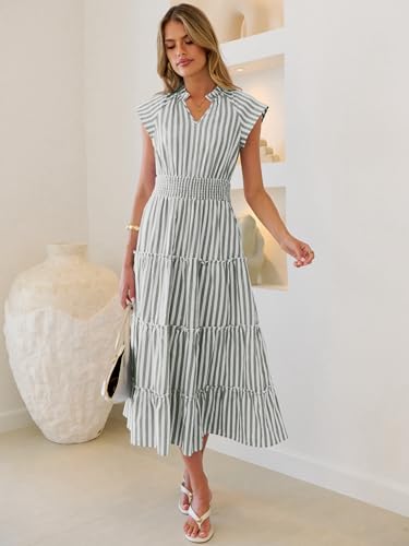 Caracilia Womens Summer Maxi Dresses Casual V Neck Cap Sleeve Gingham Striped Dress Flowy Tiered Beach Vacation Midi Sundress Green White Striped Small — view 4