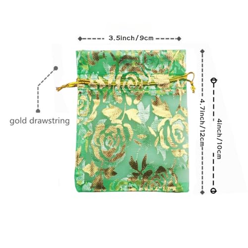 Image of QIANHAILIZZ 100 pcs 3.5 x 4.7 Inch Flower Heart Organza Jewelry Gift Pouch Candy Pouch Drawstring Wedding Favor Bags X92 (green gold flower)