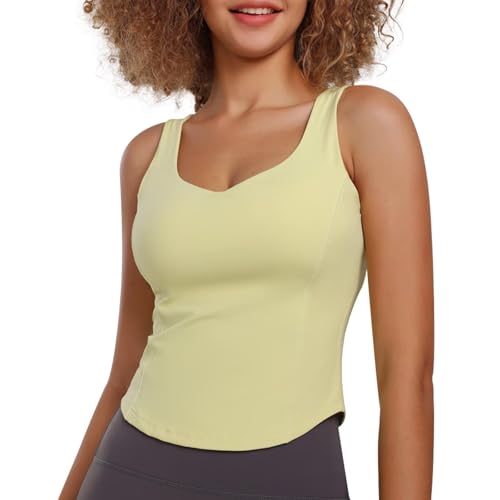TERODACO Sports Crop Tops for Women Gym Running Yoga Tank Tops, Open Back Padded High Impact Push Up Bralettes, Breathable Wireless Quick Dry BX2309 Yellow L