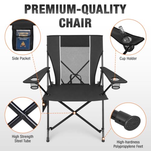 Image of Romswi Portable Folding Camping Chair for Adults, Heavy Duty Outdoor Sports Chair with Dual Cup Holders, Side Pocket and Carry Bag, Camping Chair for Lawn, Beach, Fishing, Picnic and Tailgating,Black