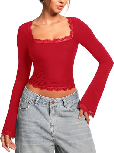 Image of OZICERD Women Bell Long Sleeve Shirts Cute Going Out Top Lace Trim Square Neck Double Lined Fitted Basic Tops Y2k Tight Slim Red S