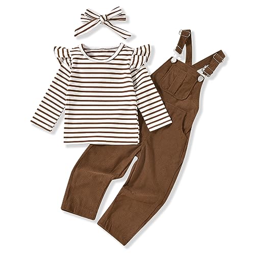 2 tutine per neonate con jeans strappati, regolabili, con maglietta a righe a maniche lunghe, a righe marroni, 18-24 mesi, A strisce marroni, 18-24 mesi