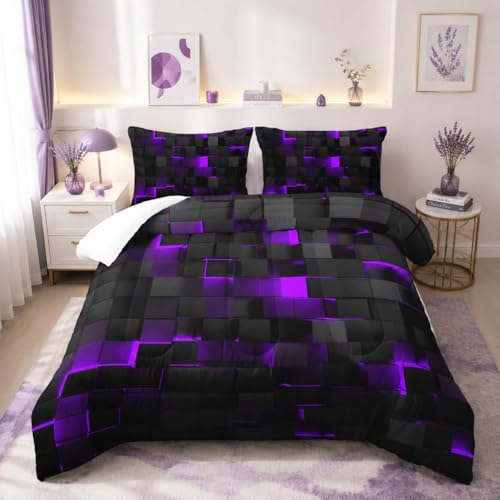 Nttopship Geometric Violet Black 3-Piece Quilt (Full)