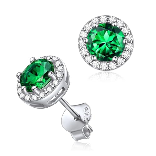 ChicSilver 925 Sterling Silver Heart/Round/Pear/Emerald Cut Birthstone Stud Earrings for Women Birthday Jewelry 05.May(Emerald)-Round Cut