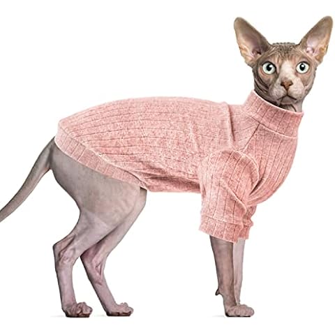 Oslueidy Sphynx Cat Clothes, Hairless Cat Vest Turtleneck Sweater, Kitten Pullover Shirt with Sleeves, Cat Pajamas Jumper for Sphynx, Cornish Rex, Devon Rex, Peterbald (M, Pink) Cover